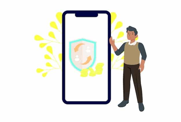 A graphic illustrating a person looking at a smartphone with a shield icon overlayed on the screen, representing the protection of personal data.