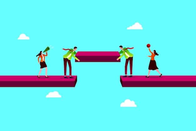 A visual representation of a skills gap, depicting a bridge with one side representing the skills employers need and the other side representing the skills that job seekers possess, with a significant gap in the middle.