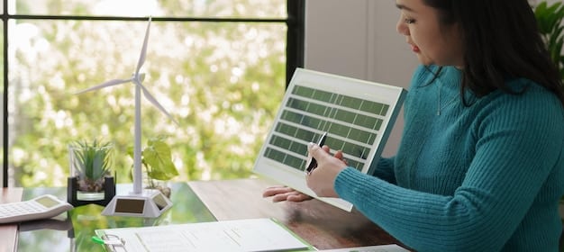 A person reviewing financial documents related to renewable energy credits, with a laptop displaying charts and graphs in the background. The scene is set in a modern office environment, symbolizing planning and analysis for renewable energy investments.