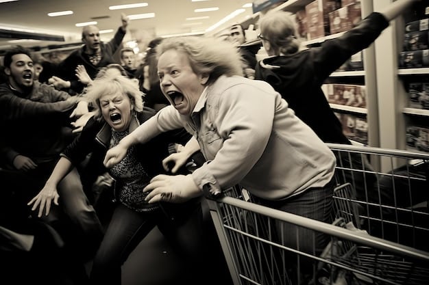 A split image showing on one side a family struggling to pay bills and on the other side crowded supermarket shelves with inflated prices.