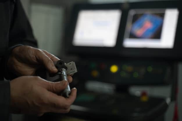 A close-up shot of a worker monitoring a high-tech control panel in a recycling plant, with various conveyor belts and sorting machines in the background. Focus is on the worker’s focused expression and the data on the screen.