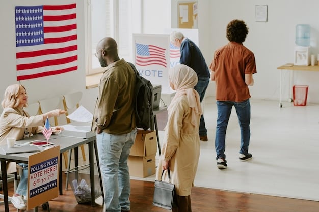 A diverse group of people standing in line to vote at a polling station. The image captures their expressions, which convey a mix of determination and hope.