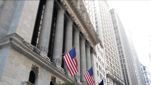 A photo showing the Federal Reserve building with an American flag waving in the foreground, symbolizing the central bank's role in managing the nation's monetary policy and inflation.