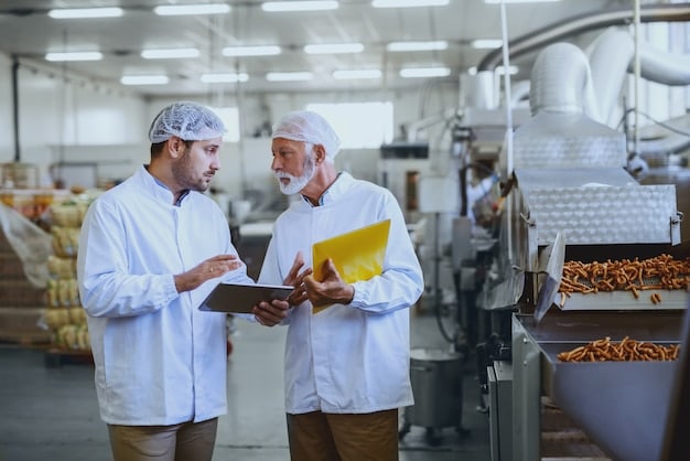 A food processing plant with workers in protective gear, inspecting and monitoring food products on a conveyor belt. The scene highlights the importance of stringent quality control measures in food production.