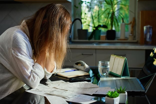 A young professional sitting at a desk, looking stressed and overwhelmed by financial documents related to student loans, highlighting the daily struggles faced by many borrowers.