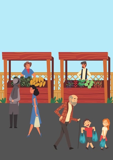 A bustling farmers market with a variety of fresh produce, some stalls are noticeably empty or have limited offerings, representing the potential impact of crop yield reductions on local food supplies and agricultural economies.