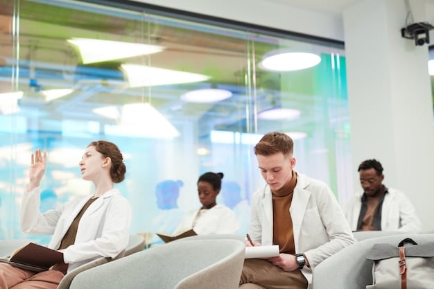 A modern office space with professionals collaborating on a project, signifying the teamwork and innovation often associated with STEM careers.