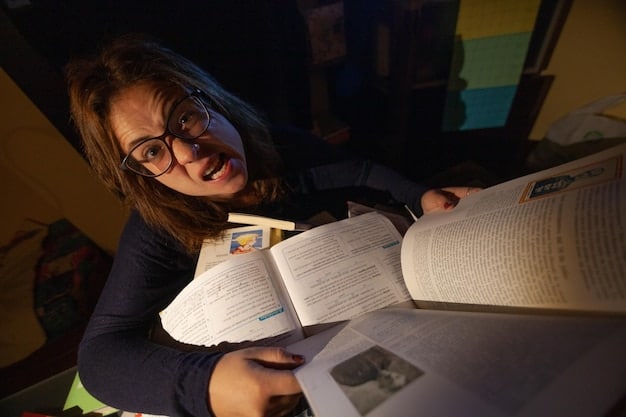 A student in a library, surrounded by books, with a determined expression as they review their college application essay. The lighting is warm, emphasizing the studious environment.