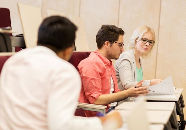 Students in a foreign university classroom, actively participating in a lecture, with the professor engaging them in a discussion.