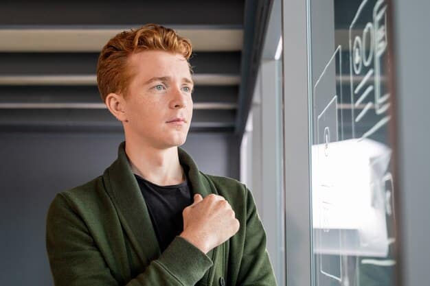 Close-up of a person practicing their elevator pitch in front of a mirror, with notes and a timer visible on a nearby table. The focus is on the person's determined expression.