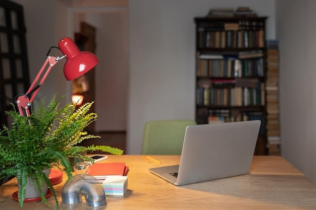 A well-organized and inviting study space featuring a clean desk, ergonomic chair, good lighting, plants, and essential study materials like books, laptop, and stationery.