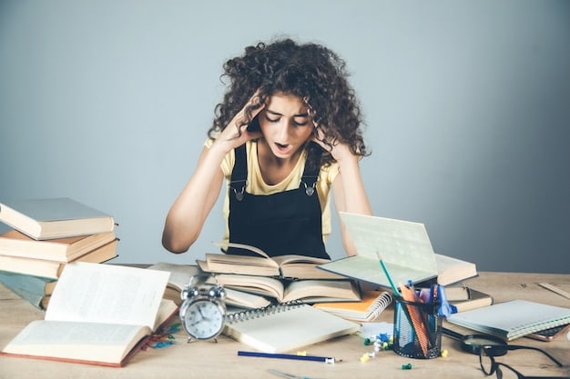 A student is sitting at a desk, looking stressed while surrounded by college application materials and financial aid forms. The room is dimly lit, and the student is rubbing their forehead with a look of concern. Books and papers are scattered on the desk, symbolizing the academic and financial challenges faced by first-generation students.