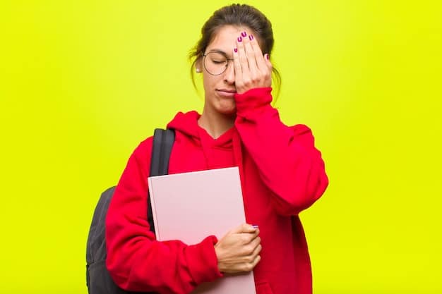 A close-up image of a student's face showing signs of stress and exhaustion. The student is sitting at a desk with books and papers scattered around. The lighting is dim and the overall mood is one of overwhelm.