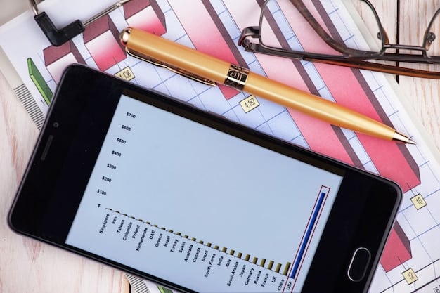 A close-up of a tax form (1040) with a pen hovering over the section for capital gains. The background features blurred images of stock charts and graphs.