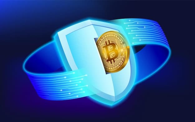 A graphic depicting a shield with the SEC logo overlaid on a cryptocurrency coin, symbolizing investor protection within the digital finance space.