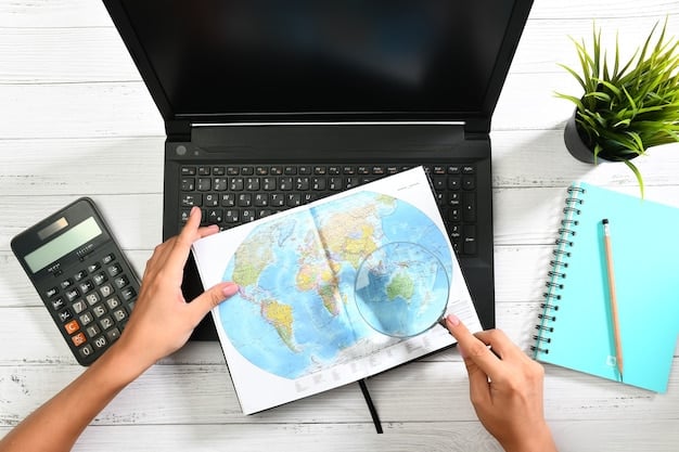 An image showing a person organizing financial documents with a world map in the background and a calculator on the table.