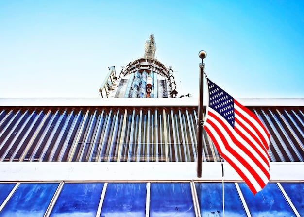 A close-up shot of a Federal Reserve building's facade, focusing on the architectural details and the American flag waving in the background. The image should convey authority and stability.