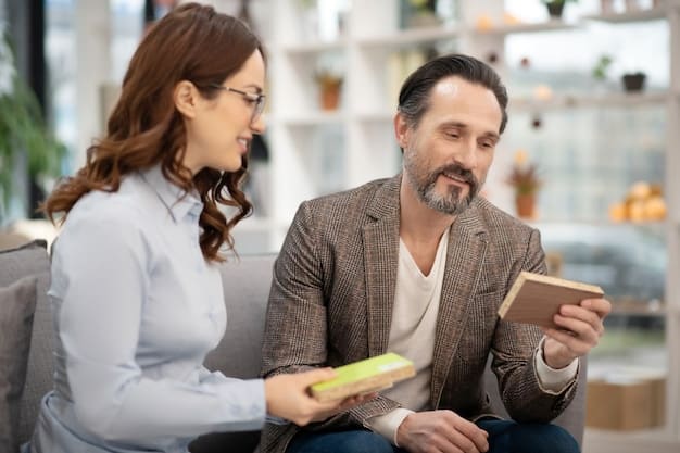 A friendly counselor sitting across from an employee, actively listening with a notepad in hand. The setting is a comfortable and private office, with soft lighting and a calming color scheme to create a safe and supportive environment.  Bookshelves and plants in the background add to the serene atmosphere.
