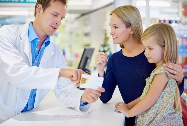 A family happily using their FSA card at a pharmacy, purchasing prescriptions and over-the-counter medications.