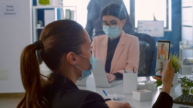 An employee participating in a biometric screening at their workplace. A healthcare professional is taking their blood pressure, while others wait in line.The setting is a well-lit office space temporarily converted into a health screening area.