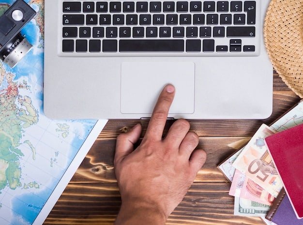 A person reviewing a budget spreadsheet on their laptop, with travel brochures and a passport nearby, indicating vacation planning and financial preparation.