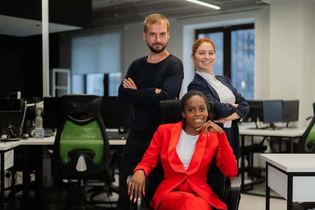 A diverse group of employees in a modern office setting, with one employee looking thoughtfully at a document labeled 