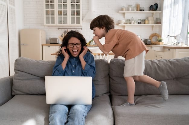 A busy professional working on a laptop at home, with a child quietly playing nearby, illustrating the need for dependent care while working. A calculator subtly placed on the desk symbolizes tax calculations.