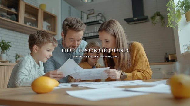 A family sitting at a table with tax documents spread out, highlighting receipts and financial records. A child is drawing in the background, emphasizing the integration of family and financial planning.