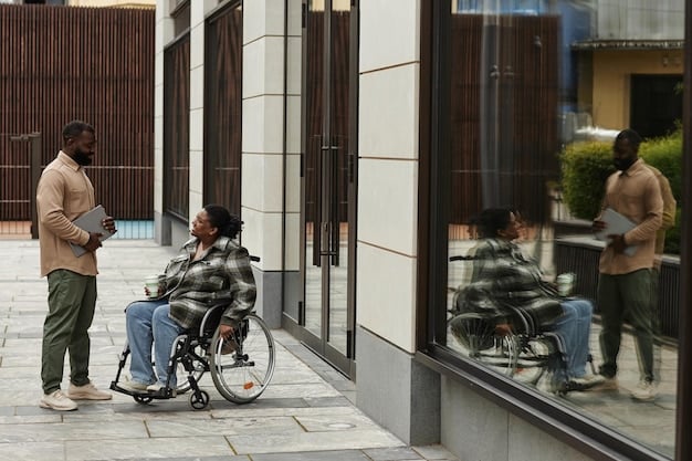 A person in a wheelchair smiles as they enter their apartment building, which has a ramp. The scene highlights accessibility and reasonable accommodations for people with disabilities.