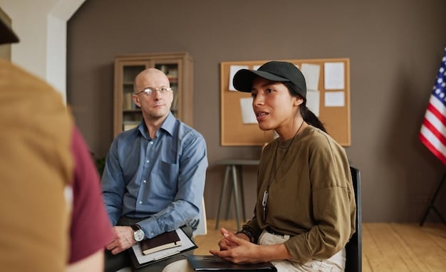 A friendly and helpful VA representative assisting a veteran with filling out a housing application form. The scene takes place in a well-lit office, and the focus is on the interaction and the veteran's sense of relief and confidence.