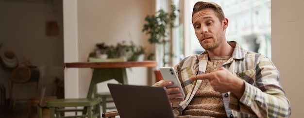 A person looking at a computer screen displaying rental listings but looking frustrated and confused, with sticky notes on the screen indicating different concerns like 