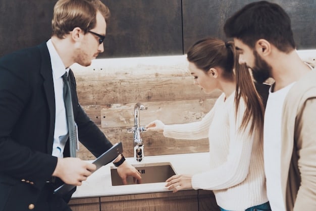 A tenant pointing to a leaky faucet while talking to a landlord about repair responsibilities. The scene emphasizes clear communication.