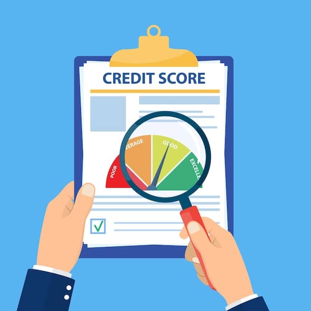 A person pointing at a highlighted section on a credit report with a magnifying glass. The focus is on identifying errors and inaccuracies in the report. A pen and notepad are placed next to the report, ready for noting discrepancies.