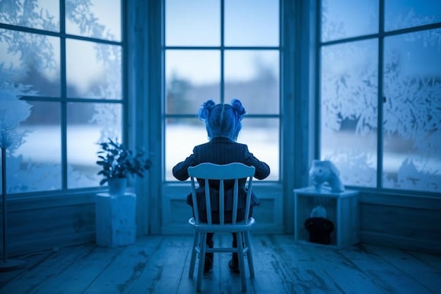 A person sitting alone in a dimly lit room, looking out a window at a snow-covered landscape, with a despondent expression. The room is sparsely furnished, emphasizing the feeling of isolation and sadness. The image aims to convey the feeling of loneliness often associated with SAD.