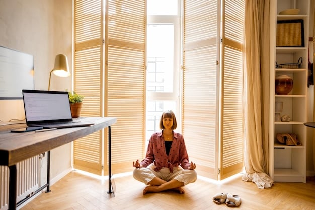 A person doing yoga in a sunlit room, with tax documents subtly placed in the background to represent a balance between self-care and tax preparation.