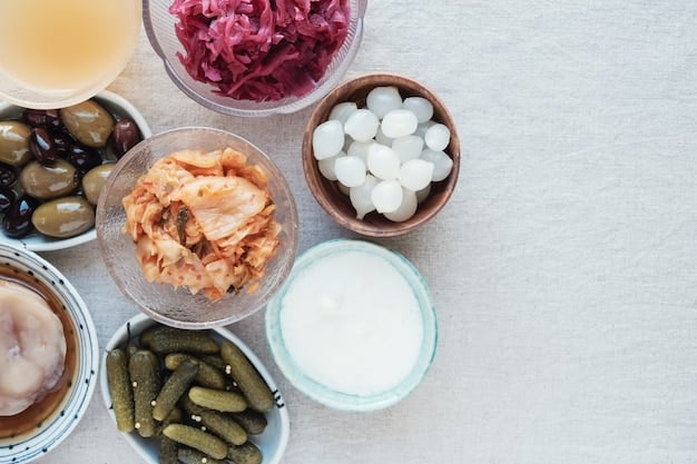 A close-up shot of a diverse range of probiotic-rich foods such as yogurt, kefir, kimchi, and sauerkraut in small bowls. The image aims to highlight the importance of these foods in promoting a healthy gut microbiome and its impact on mental health.
