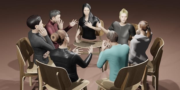 A group of people sitting in a circle, supporting each other with empathetic expressions, representing the power of community and shared experiences in healing from loss. The setting is warm and inviting.