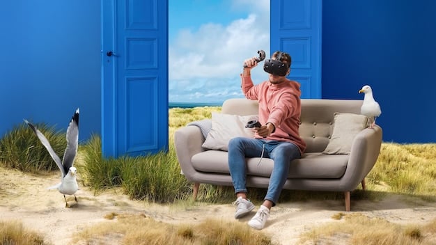 A person using a virtual reality headset, immersed in a calming virtual environment such as a beach or forest. The person appears relaxed and engaged, highlighting the use of VR for therapeutic purposes in mental health treatment. The setting is a comfortable and private room.