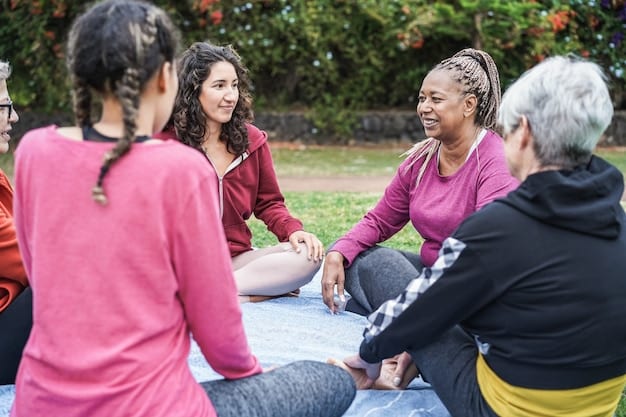 A diverse group of people participating in a group therapy session outdoors, practicing mindfulness and deep breathing exercises. The setting is a peaceful garden with sunlight streaming through the trees, symbolizing a holistic approach to mental health treatment and community support.