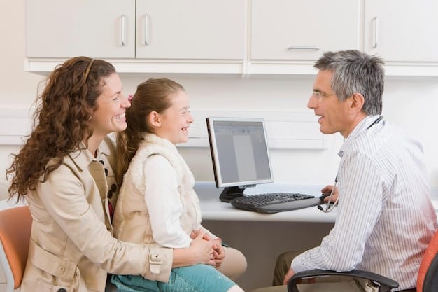 A family (mother, father, and child) smiling and receiving information from a healthcare professional at a clinic or community center. The scene evokes trust, support, and access to healthcare resources.