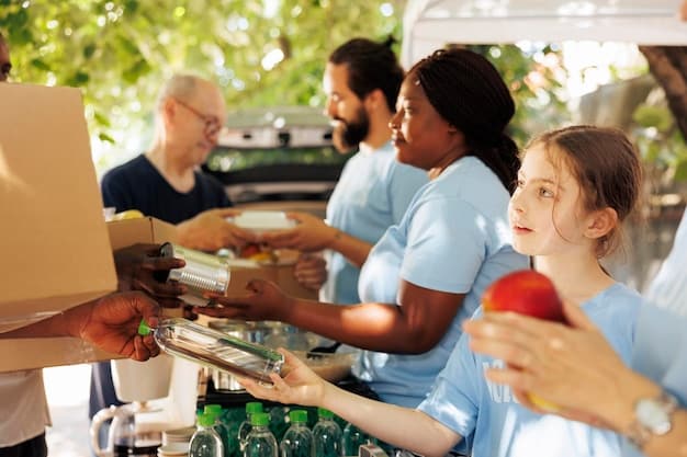 Volunteers sorting food donations at a local food bank. The atmosphere is collaborative and supportive, with a focus on addressing food insecurity in the community.