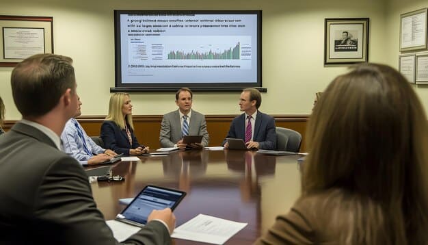 A city council meeting in session, with a presenter addressing the council members, displaying data on a large screen.