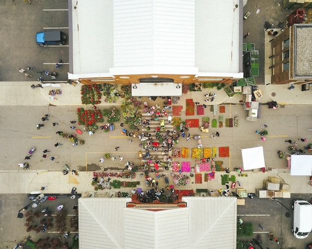 An aerial view of a bustling town square with local shops, outdoor seating, and pedestrians enjoying the space. The setting encapsulates a vibrant, thriving community supported by diverse local resources.