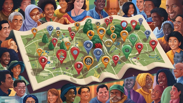 A diverse group of community members gathered around a large map spread out on a table, using markers and sticky notes to identify and categorize local resources. Some people are pointing to specific locations while others are engaged in discussions.