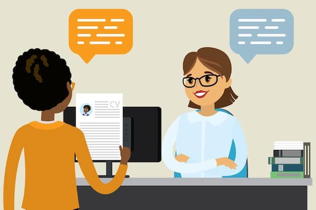 A friendly caseworker sitting at a desk, assisting a client with their community resource application. The caseworker is pointing to a specific section of the form and explaining it clearly.