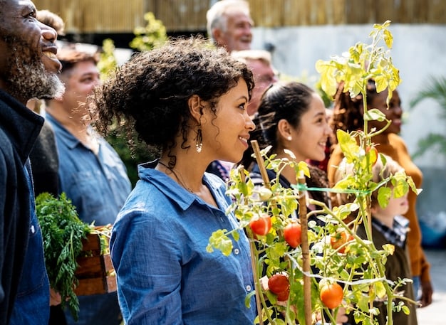 A community garden with diverse people from different cultural backgrounds working together, planting vegetables and flowers. The scene is sunny and positive, showcasing the inclusive nature of community partnerships.