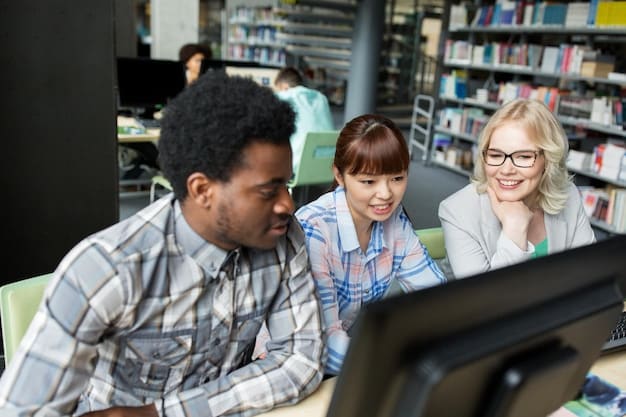 People using laptops in a library or community center, researching community services and training programs available online.