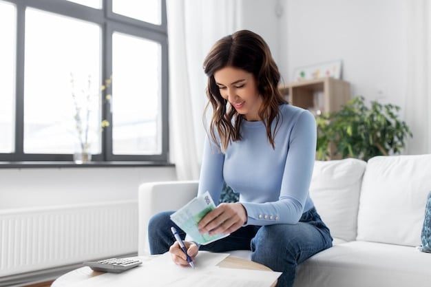 A person happily writing in a notebook with a calculator and health insurance documents nearby, symbolizing the financial benefits and planning involved with an HDHP and HSA.