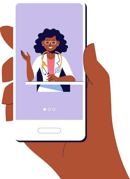 A person smiling and holding a smartphone displaying a telehealth app, with a friendly doctor visible on the screen. The background is a comfortable home setting, emphasizing the convenience and accessibility of telehealth for prescription management.