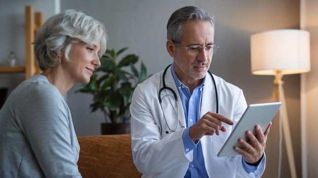 A doctor consulting with a patient while reviewing medical records, highlighting the importance of continuing consistent healthcare coverage and access to familiar providers.